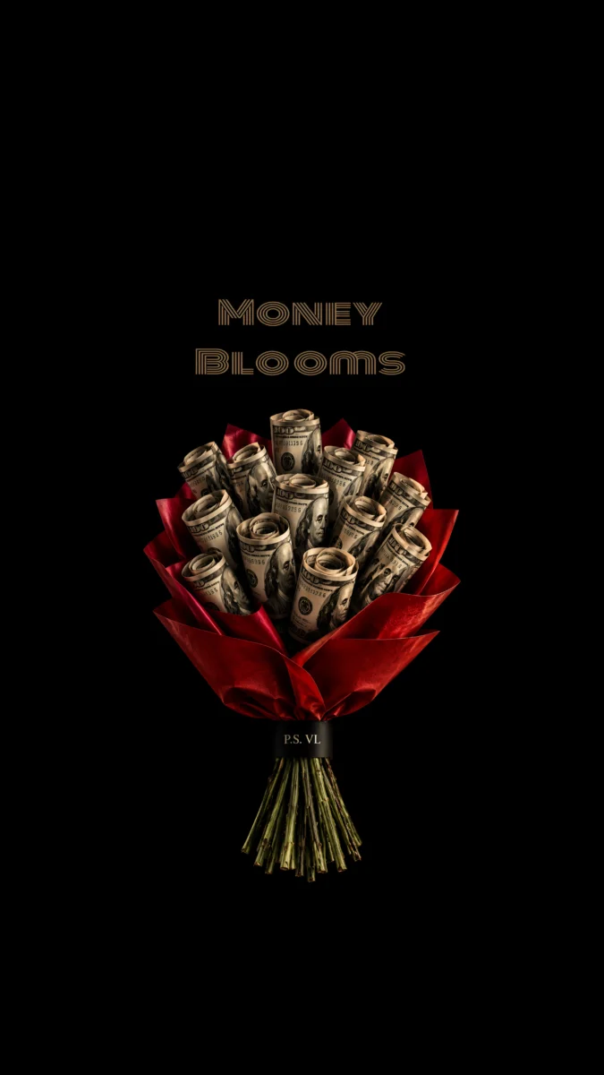 Hd image of cash bouquet made of rolled dollar bills wrapped in red paper with "MONEY BLOOMS" text, perfect for billionaire mindset wallpaper, rich mindset wallpaper, and money wallpaper.