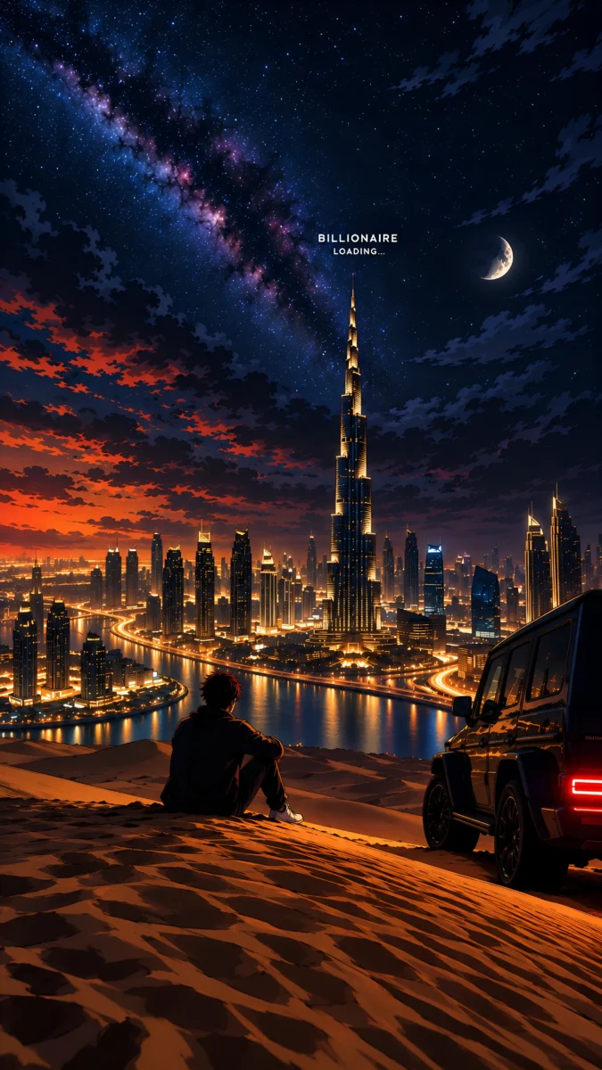 Hd image of a man sitting on a desert dune with a luxury SUV looking at Dubai skyline and Burj Khalifa under a starry night sky with the text "BILLIONAIRE LOADING...", perfect for billionaire mindset wallpaper, rich mindset wallpaper, and millionaire wallpaper.