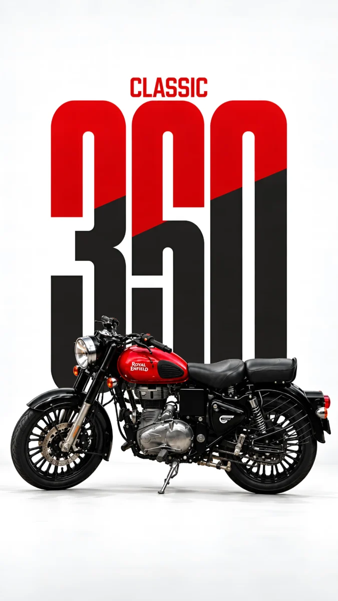 Hd image of a glossy Redditch Red Royal Enfield Classic 350 motorcycle with bold backdrop typography, perfect for bullet 350 classic, royal enfield classic, and bike wallpaper.