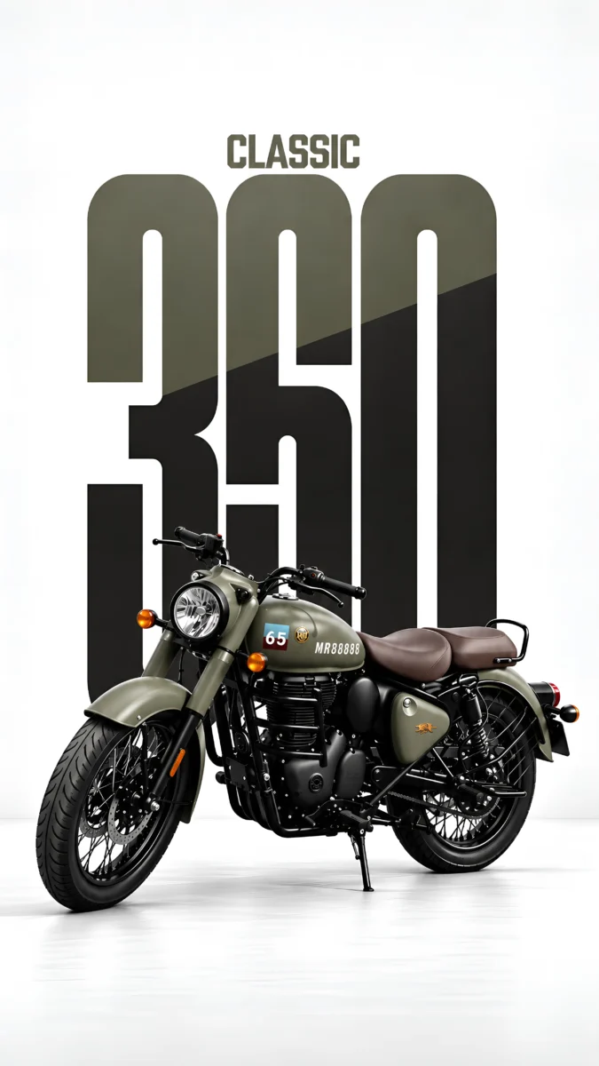 Hd image of a matte Gorkha Green Royal Enfield Classic 350 motorcycle with olive typography on a white studio background, perfect for classic 350 bike, royal enfield classic, and bike wallpaper.