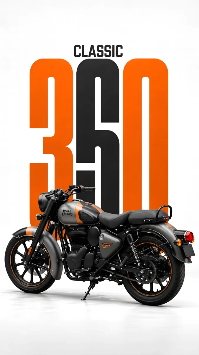 Hd image of a gunmetal grey Royal Enfield Classic 350 motorcycle with bold typography on a white studio background, perfect for royal enfield classic, bike wallpaper, and bullet 350 classic.