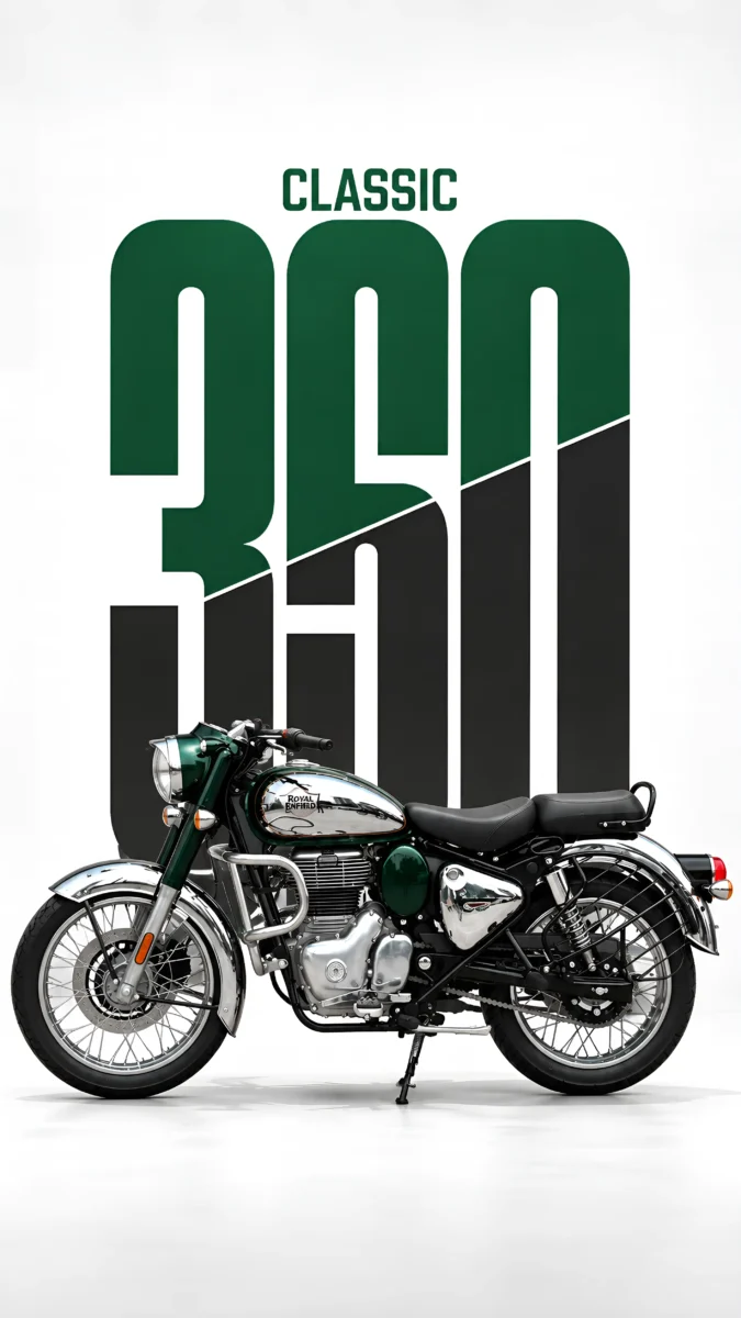 Hd image of an emerald green Royal Enfield Classic 350 motorcycle with chrome fuel tank and green typography on a white studio background, perfect for royal enfield classic, bike wallpaper, and bullet 350 classic.