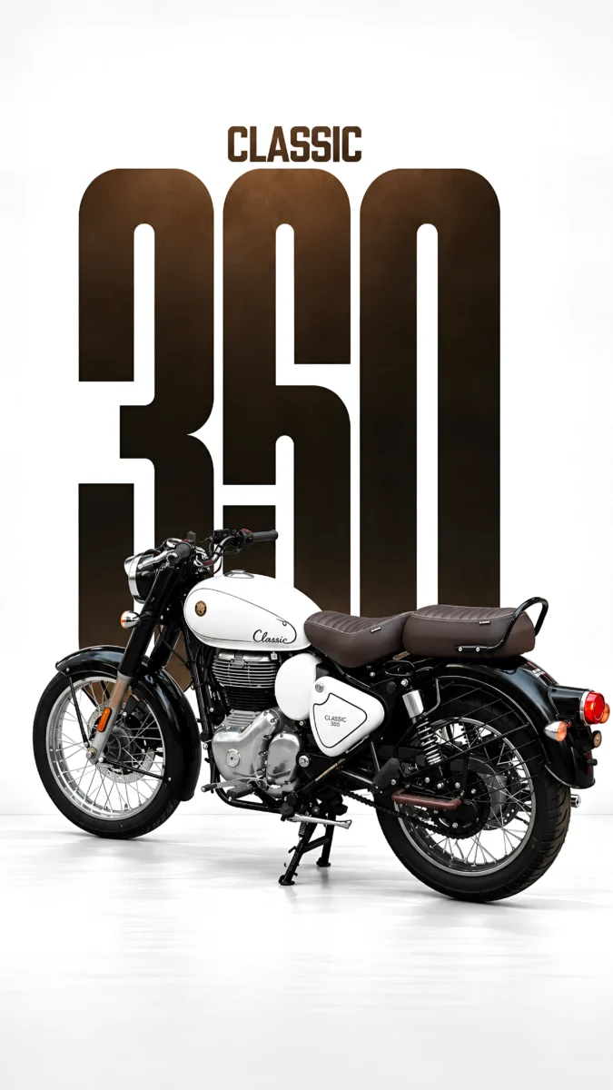 Hd image of an elegant signature white Royal Enfield Classic 350 motorcycle with brown leather seats on a white studio background, perfect for royal enfield classic, bike wallpaper, and classic 350 bike.