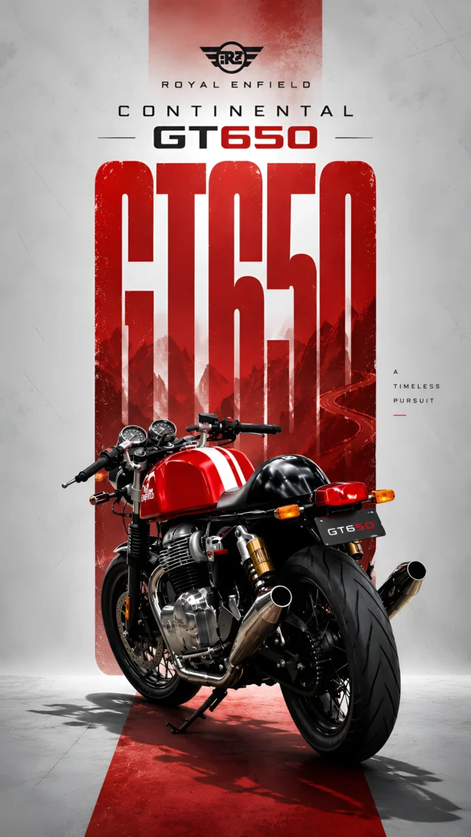 Hd image of red Royal Enfield Continental GT 650 motorcycle parked on a red floor stripe against bold GT 650 typography graphic background, perfect for continental gt 650 wallpaper, bike photos hd, and bike images.