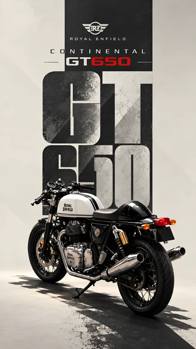 Hd image of white Royal Enfield Continental GT 650 motorcycle parked against a dark textured typography backdrop, perfect for continental gt 650 wallpaper, bike wallpaper, and bike photos hd.