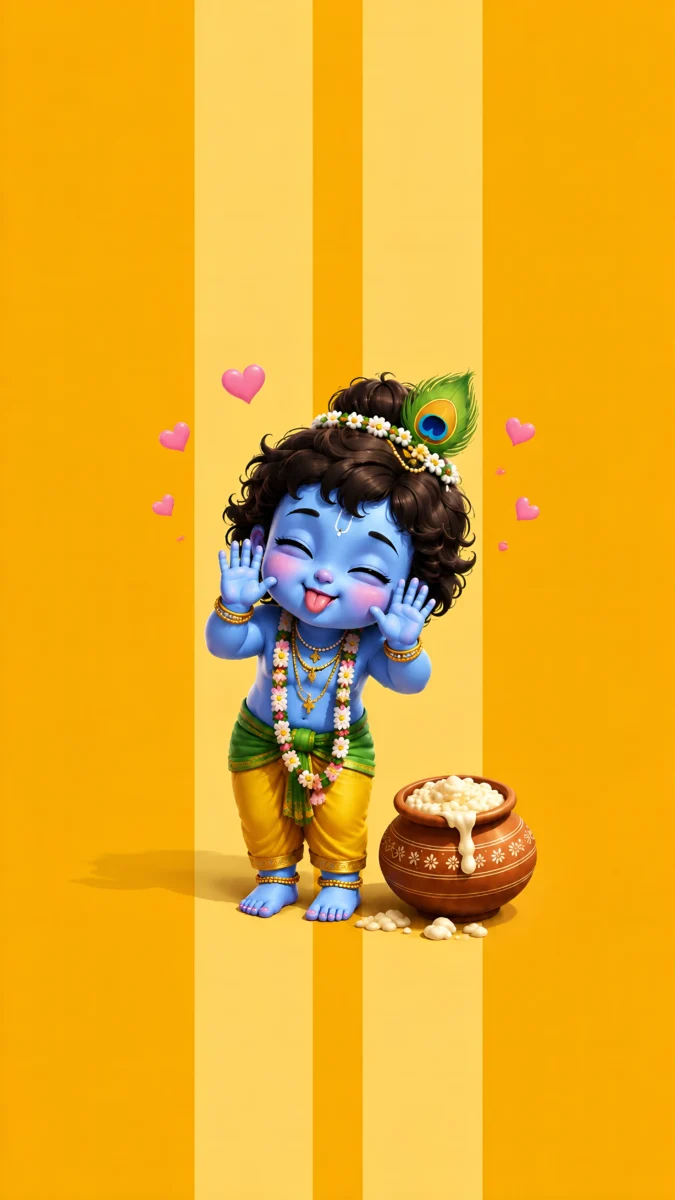 Hd imageof cute little Krishna making a playful teasing face next to a pot of butter, perfect for cute krishna wallpaper, little krishna photos, and kanha ji ki photo.