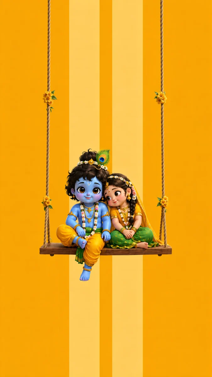 Hd image of cute baby Radha and Krishna sitting together on a swing with yellow background, perfect for cute radha krishna wallpaper, krishna cute wallpaper, and little krishna photos.