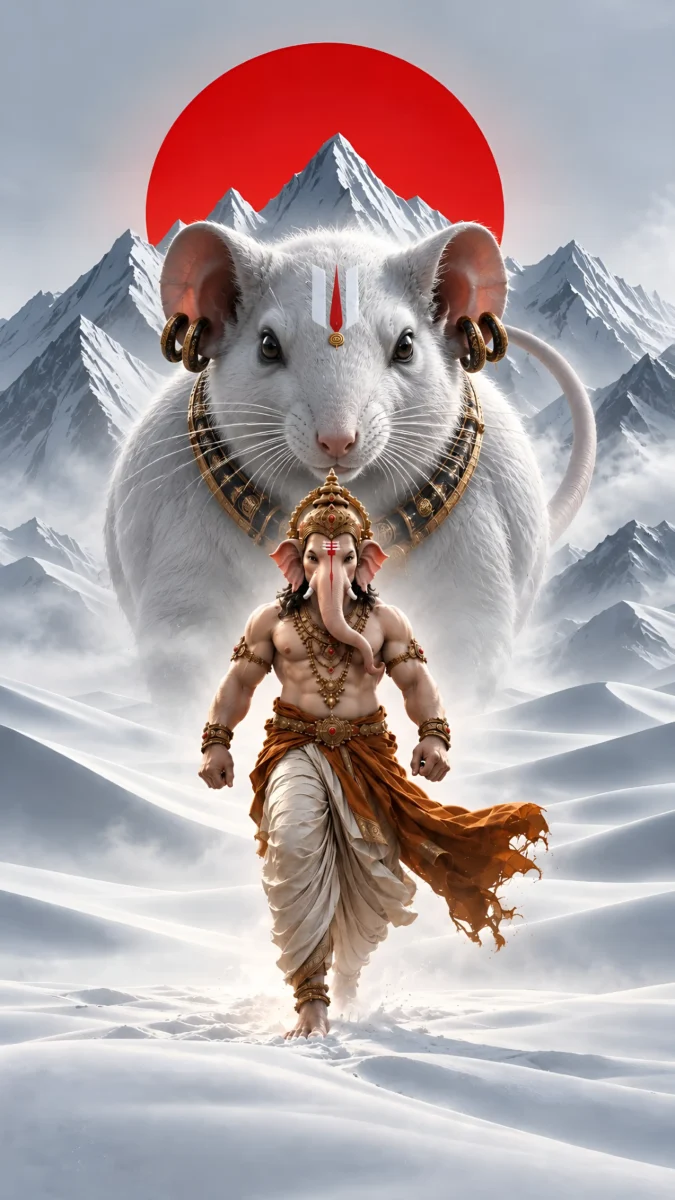 Hd image of Lord Ganesha walking in snow with a majestic giant white mouse behind him under a glowing sun, perfect for ganesha images, ganesh photo hd, and lord ganesha hd wallpapers.