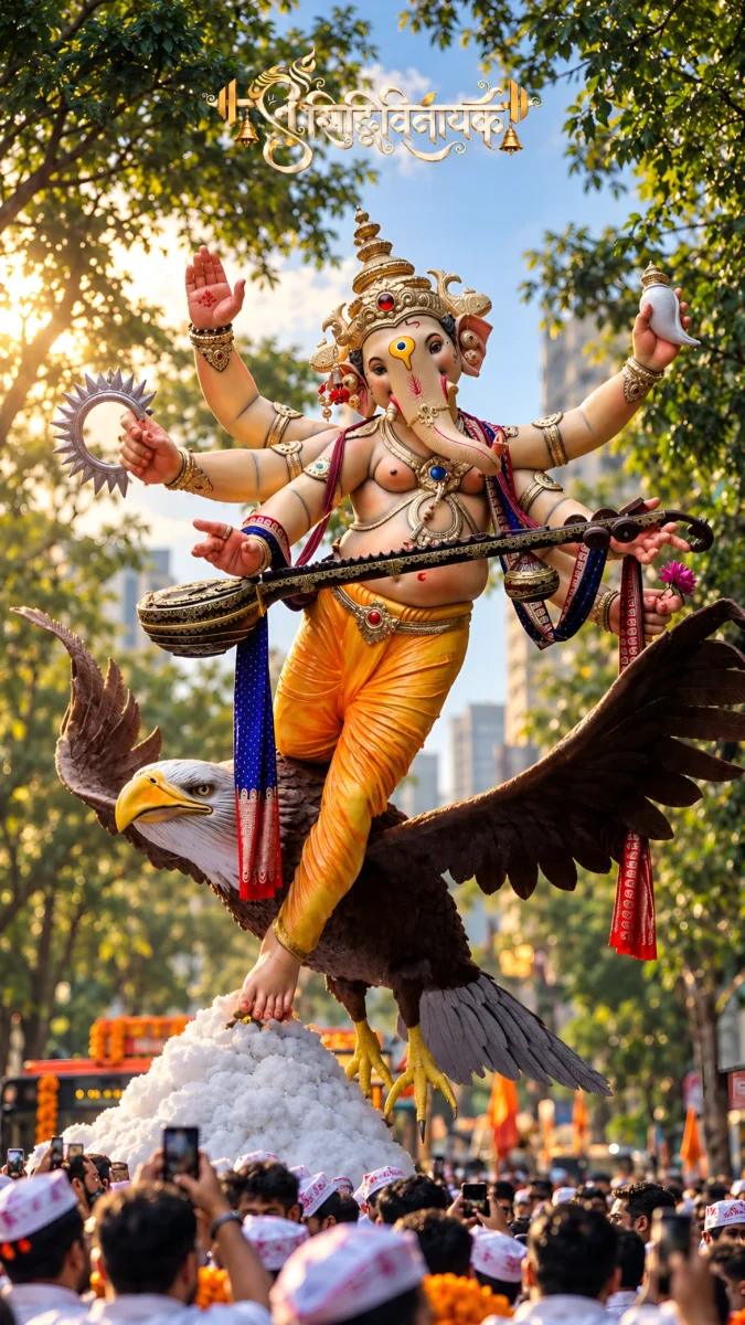 Hd image of Lord Ganesha idol riding a majestic eagle and playing veena outdoors, perfect for ganesha images, ganapathi photos, and ganesh photo hd.
