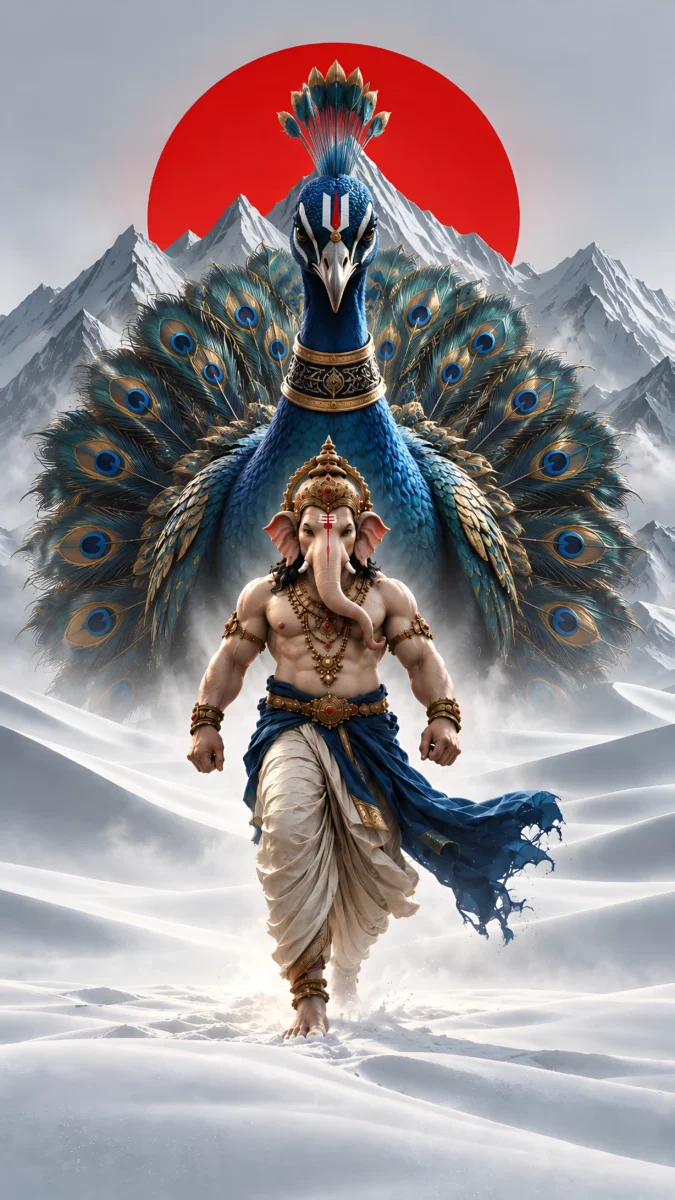 Hd image of Lord Ganesha walking in snow with a majestic giant peacock behind him under a glowing sun, perfect for ganesha images, ganesh photo hd, and lord ganesha hd wallpapers.