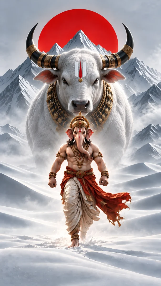 Hd image of Lord Ganesha walking in snow with a majestic giant white bull Nandi behind him under a glowing sun, perfect for ganesha images, ganesh photo hd, and lord ganesha hd wallpapers.