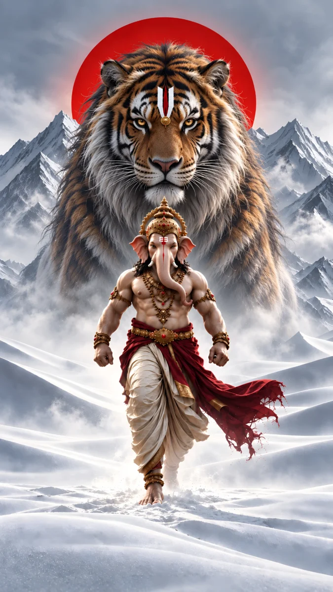 Hd image of Lord Ganesha walking in snow with a majestic giant elephant behind him under a glowing sun, perfect for ganesha images, ganesh photo hd, and lord ganesha hd wallpapers.