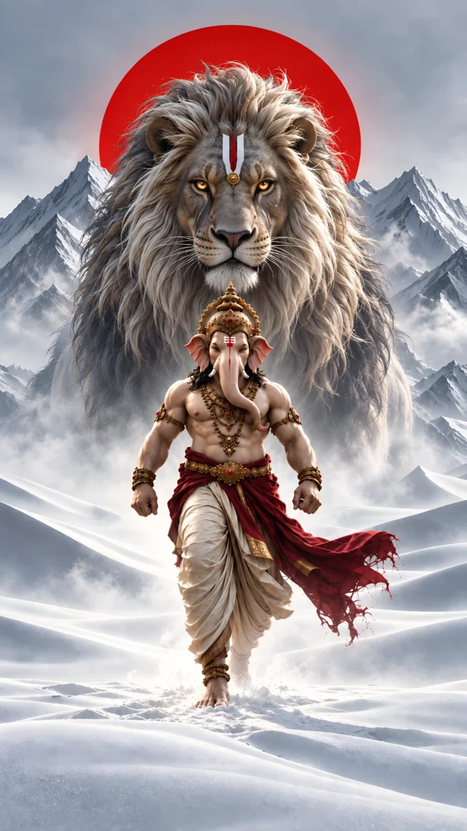Hd image of Lord Ganesha in a powerful stance with a majestic lion behind snow-capped mountains, perfect for ganesha images, ganesh photo hd, and lord ganesha hd wallpapers.