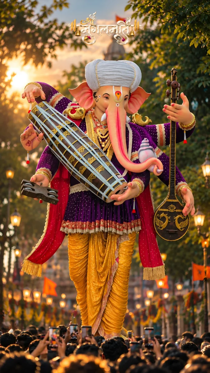 Hd image of Lord Ganesha murti in a vibrant purple attire playing musical instruments outdoors, perfect for ganesha images, ganapathi photos, and ganesh photo hd.