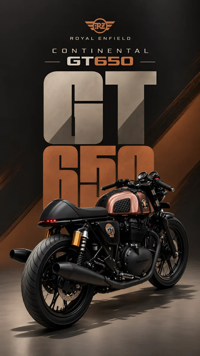 Hd image of copper brown modified Royal Enfield Continental GT 650 motorcycle set against a dark studio background, perfect for continental gt 650 modified, bike wallpaper, and gt 650 wallpaper.