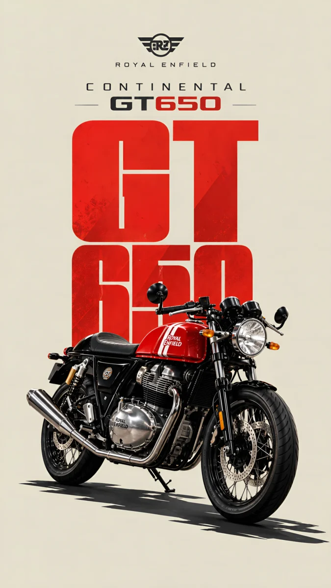 Hd image of Royal Enfield Continental GT 650 red motorcycle in vertical poster design, perfect for gt 650 wallpaper, bike wallpaper, and bike images.