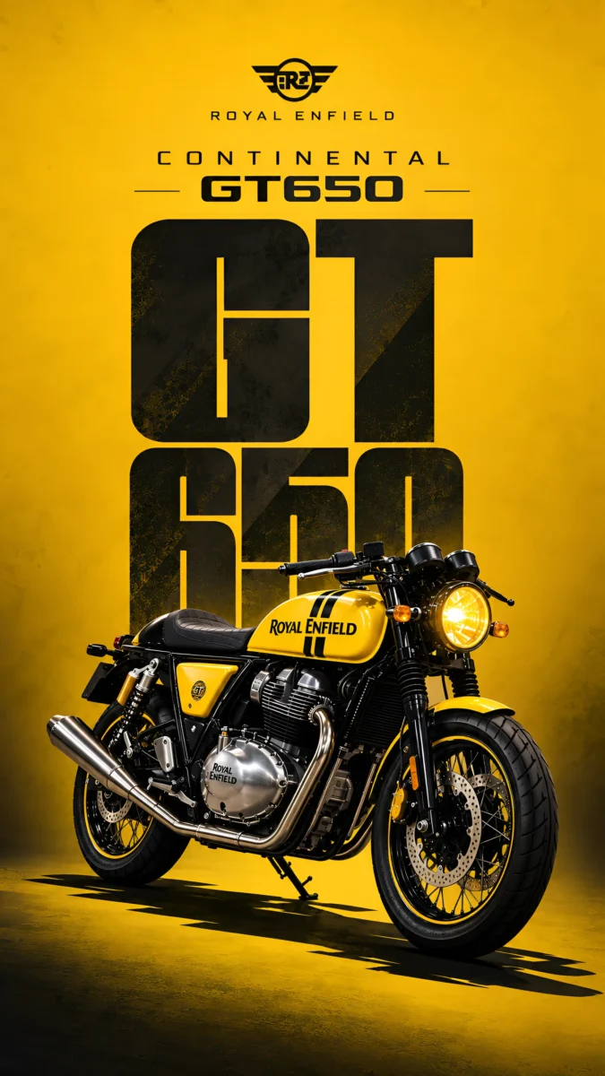 Hd image of yellow Royal Enfield Continental GT 650 motorcycle with glowing headlight set against a vibrant yellow background, perfect for gt 650 wallpaper, bike photos hd, and bike images.