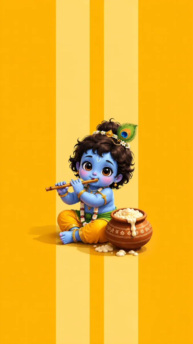 Hd image of cute Little Krishna playing a flute near a makhan pot, perfect for krishna cute wallpaper, little krishna wallpaper, and kanha ji ki photo.