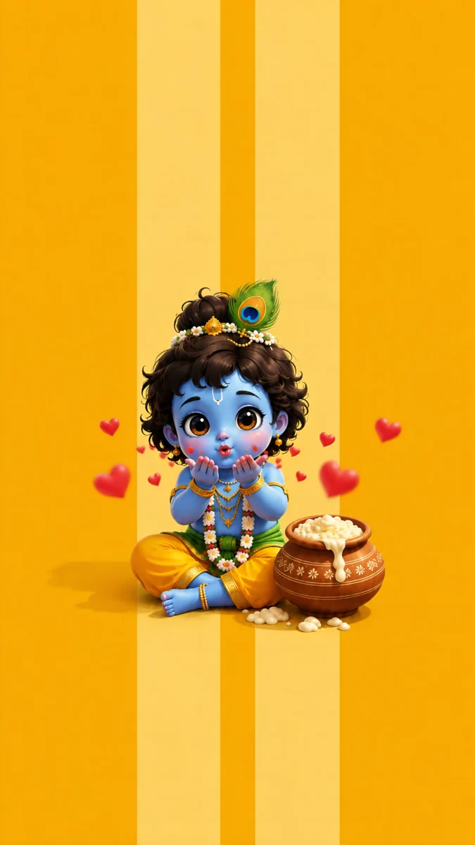 Hd image of cute little Krishna sitting near a pot of butter on a yellow background blowing kisses, perfect for little krishna photos, kanha ji ki photo, and krishna cute wallpaper.