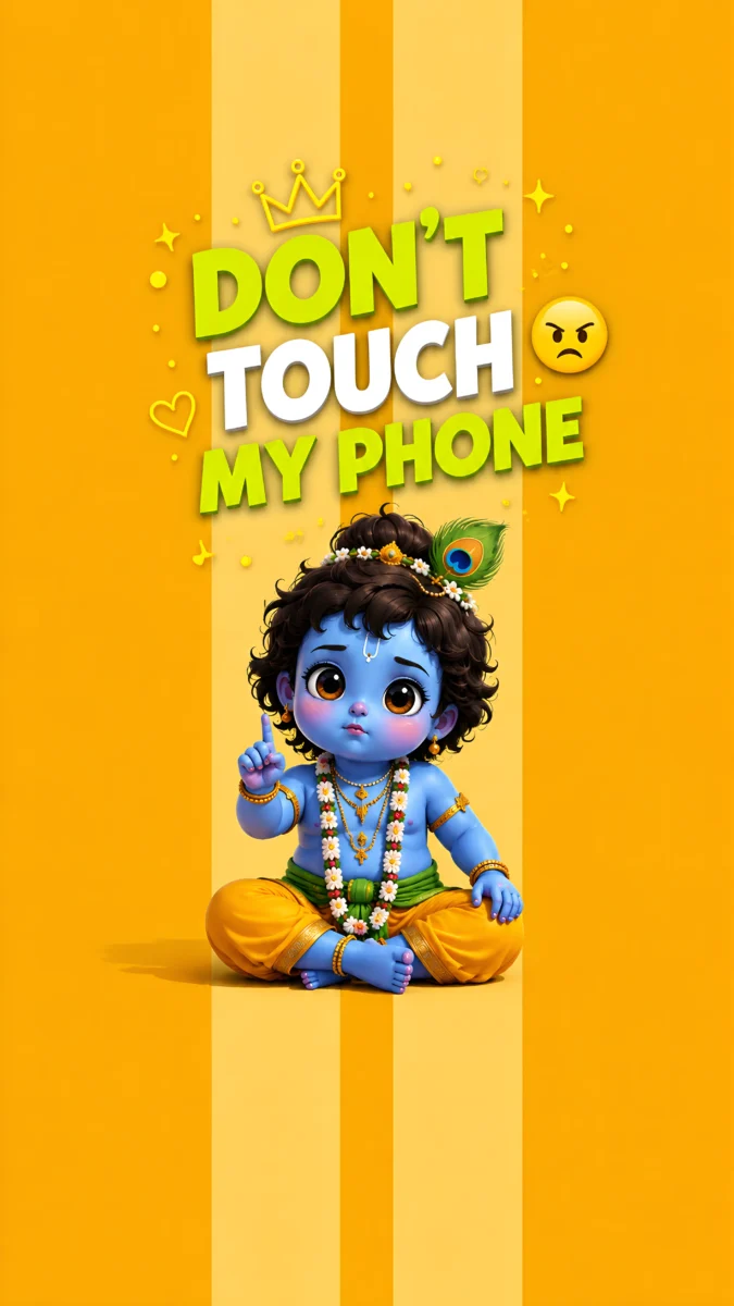 Hd image of cute little Krishna raising a finger with "Don't Touch My Phone" text on a yellow background, perfect for krishna cute wallpaper, little krishna photos, and kanha ji ki photo.