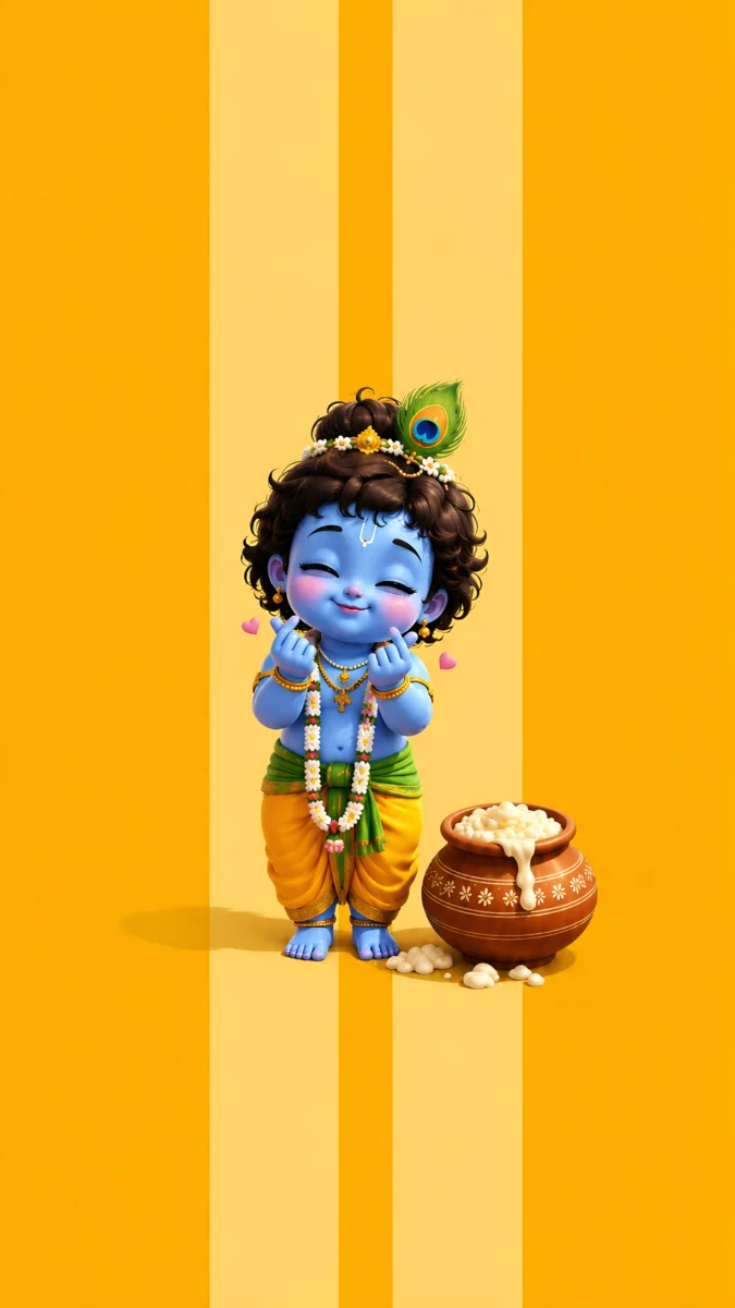 Hd image of cute little Krishna making finger hearts standing beside a pot of butter, perfect for little krishna photos, kanha ji ki photo, and krishna cute wallpaper.