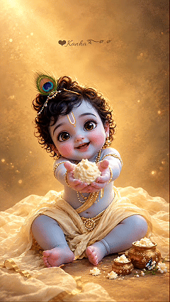hd live wallpaper of charming Little Krishna holding butter with a sparkling, golden background, perfect for little krishna live wallpaper, cute krishna wallpaper, and god live wallpaper.