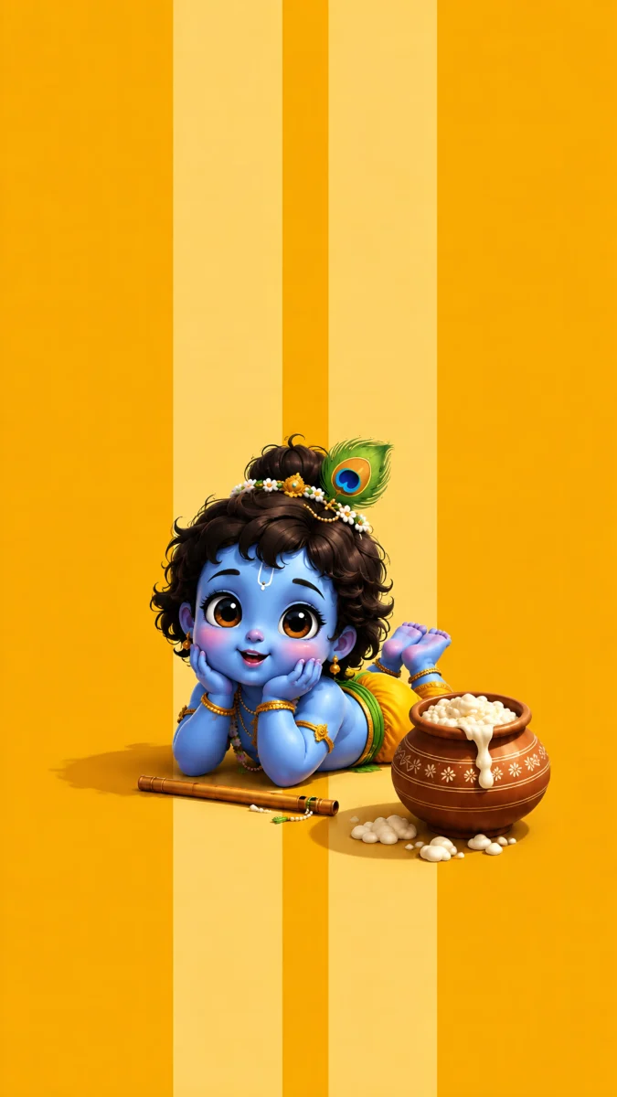 Hd image of cute little Krishna lying down on his stomach near a flute and a pot of butter, perfect for little krishna photos, kanha ji ki photo, and krishna cute wallpaper.