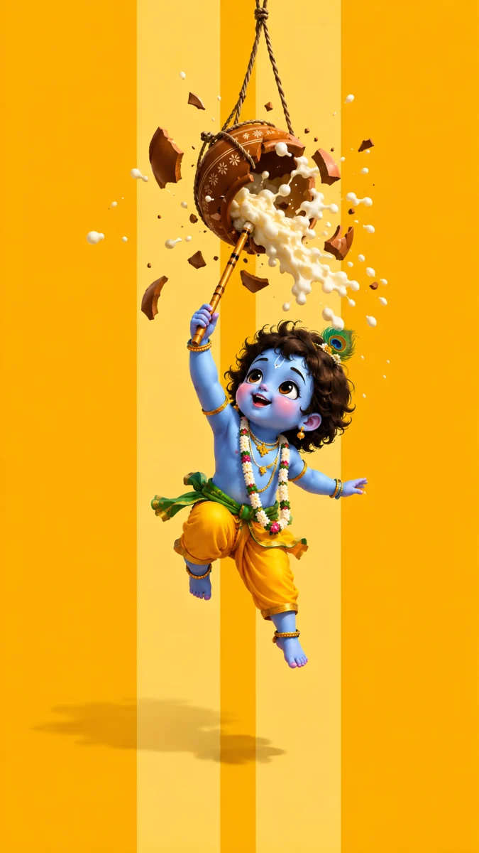 Hd image of cute little Krishna jumping to break a butter pot with a stick on yellow background, perfect for little krishna photos, kanha ji ki photo, and cute krishna wallpaper.