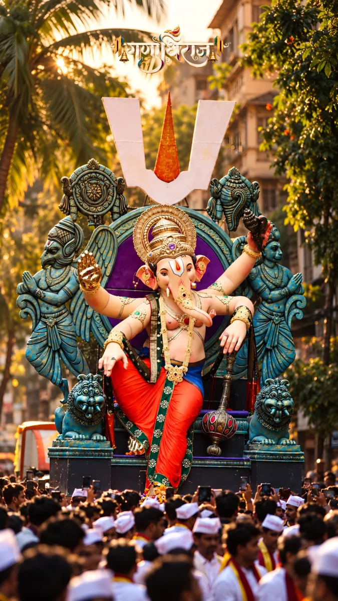 Hd image of Lord Ganesha idol seated on a royal blue throne with Tilak emblem outdoors, perfect for ganesha images, ganapathi photos, and ganesh photo hd.