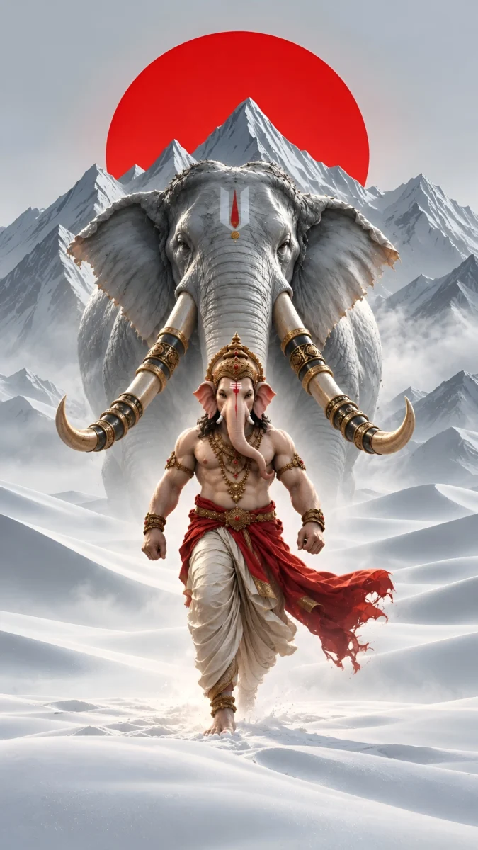 Hd image of Lord Ganesha walking in snow with a majestic giant elephant behind him under a glowing sun, perfect for ganesha images, ganesh photo hd, and lord ganesha hd wallpapers.
