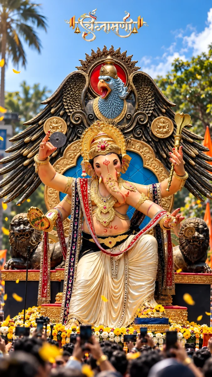 Hd image of Lord Ganesha idol seated on a throne with wings and eagle emblem, perfect for ganesha images, ganapathi photos, and ganesh photo hd.