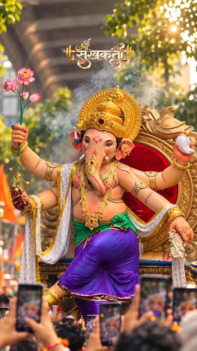 Hd image of Lord Ganesha idol holding pink lotus flowers seated on an ornate golden throne, perfect for ganesha images, ganapathi photos, and ganesh photo hd.