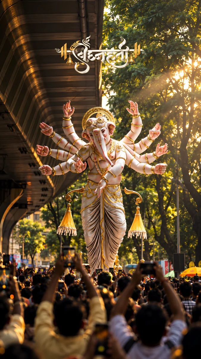 Hd image of multi-armed Lord Ganesha murti in white at an outdoor procession, perfect for ganesha images, ganapathi photos, and ganesh photo hd.