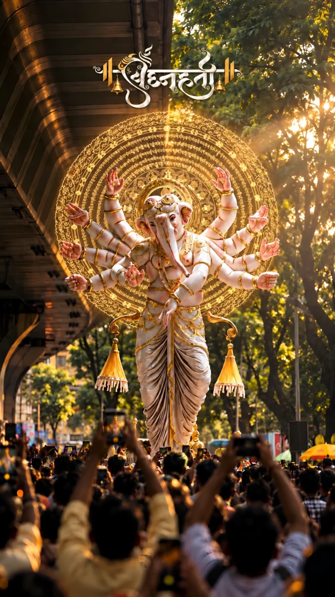 Hd image of Lord Ganesha murti with a golden halo in a divine posture under a bridge, perfect for ganesha images, ganapathi photos, and ganesh photo hd.