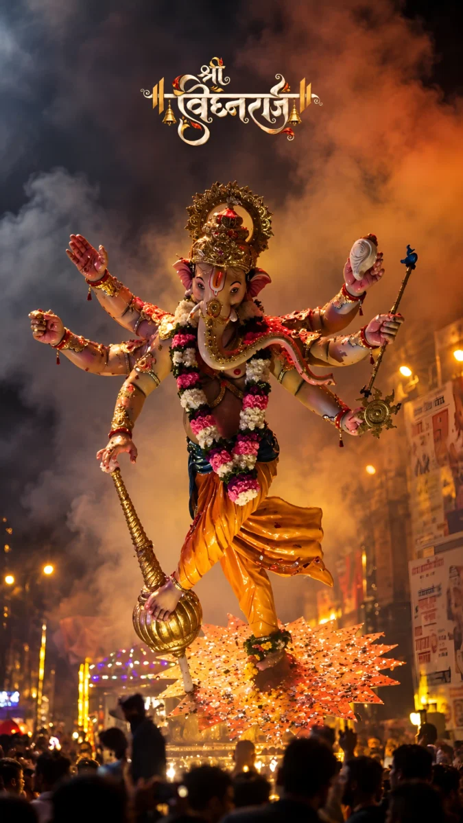 Hd image of Lord Ganesha idol in a majestic dancing posture surrounded by festive smoke and lights, perfect for ganesha images, ganapathi photos, and ganesh photo hd.