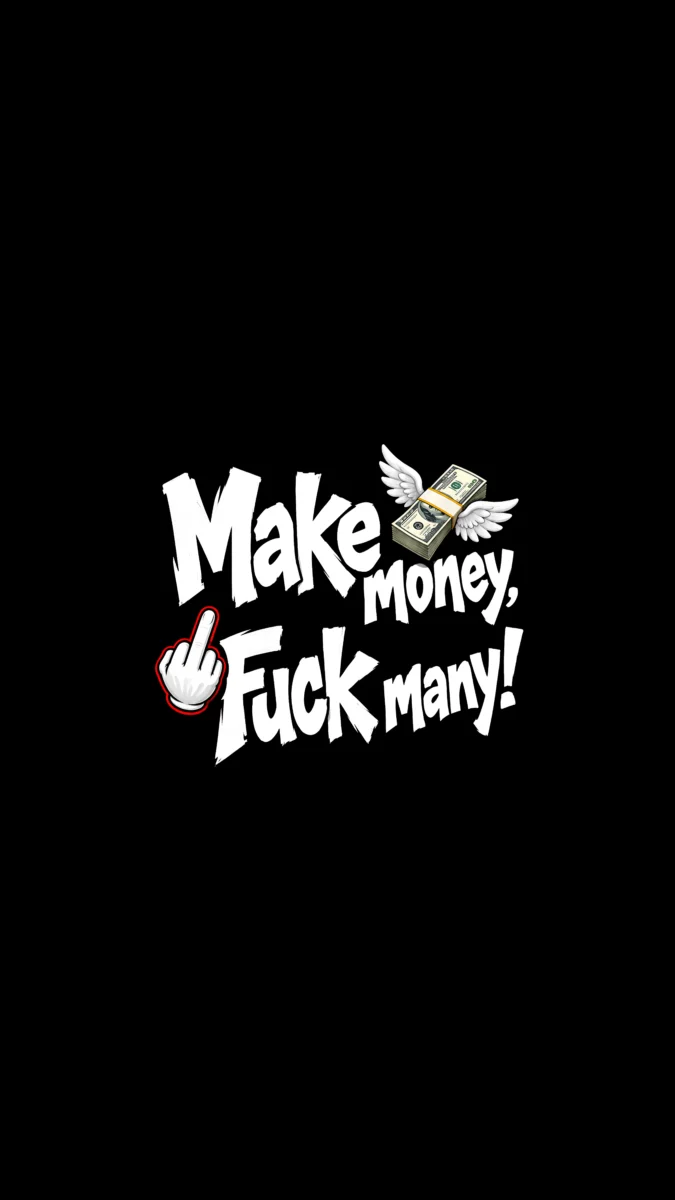 Hd image of bold street style quote reading "Make money, Fuck many!" with flying stack of cash and cartoon middle finger, perfect for make money wallpaper, money motivation wallpaper, and rich mindset wallpaper.