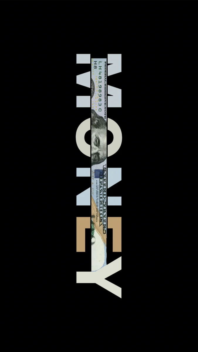 Hd image of bold vertical MONEY typography layered with dollar bill bill texture on dark background, perfect for money wallpaper, rich wallpaper, and billionaire mindset wallpaper.