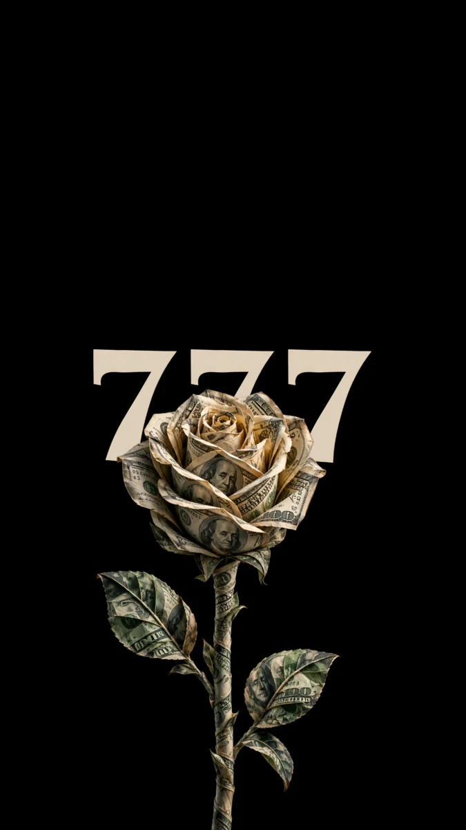 Hd image of money rose flower made of US dollar bills with lucky 777 number background, perfect for money motivation wallpaper, rich wallpaper, and billionaire mindset wallpaper.