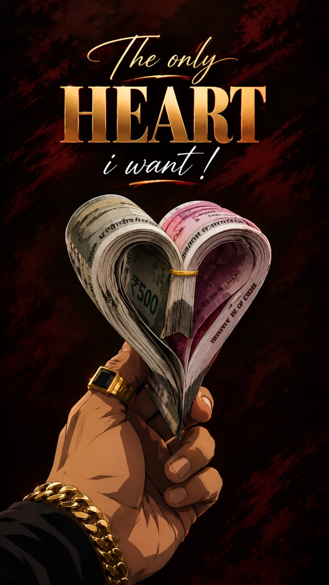 Hd image of a hand wearing gold jewelry holding Indian rupee notes folded into a heart with the text "The only HEART i want!", perfect for money motivation wallpaper, rich mindset wallpaper, and millionaire wallpaper.