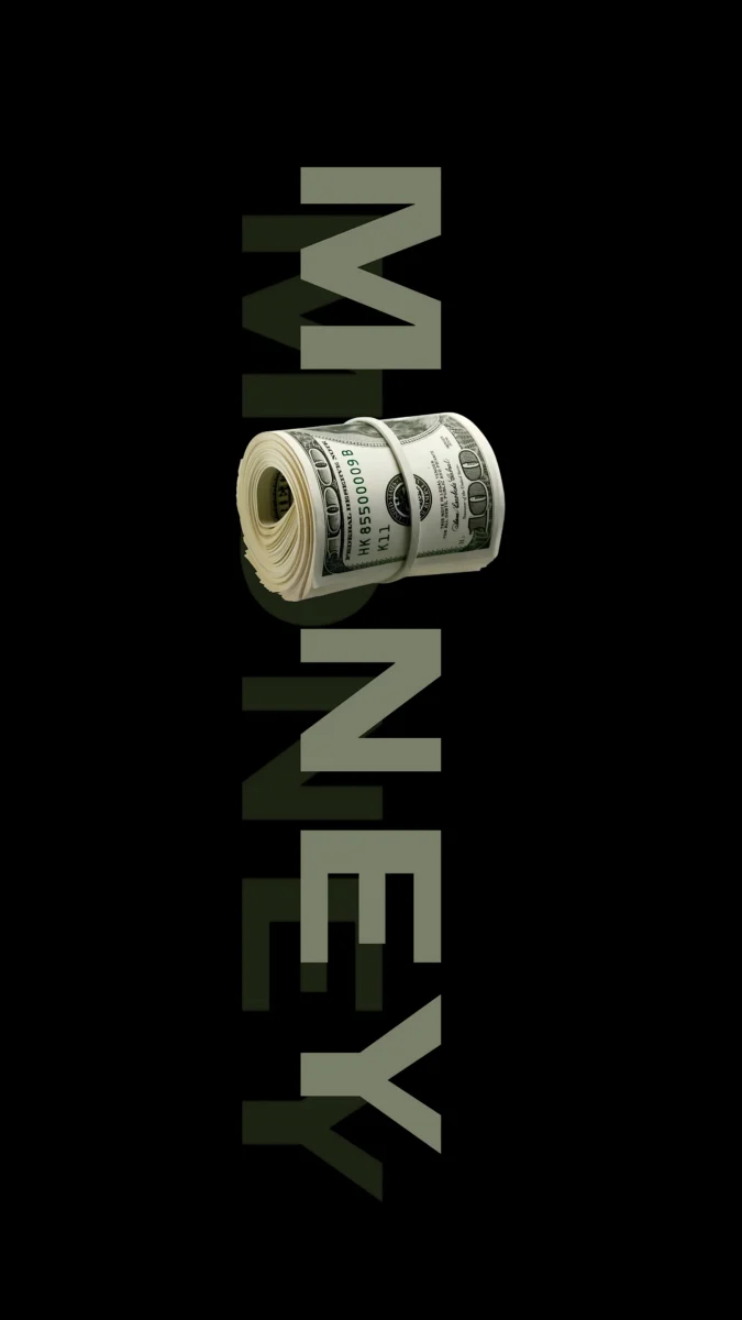 Hd image of rolled bundle of dollar bills on vertical MONEY text, perfect for money wallpaper, make money wallpaper, and rich wallpaper.
