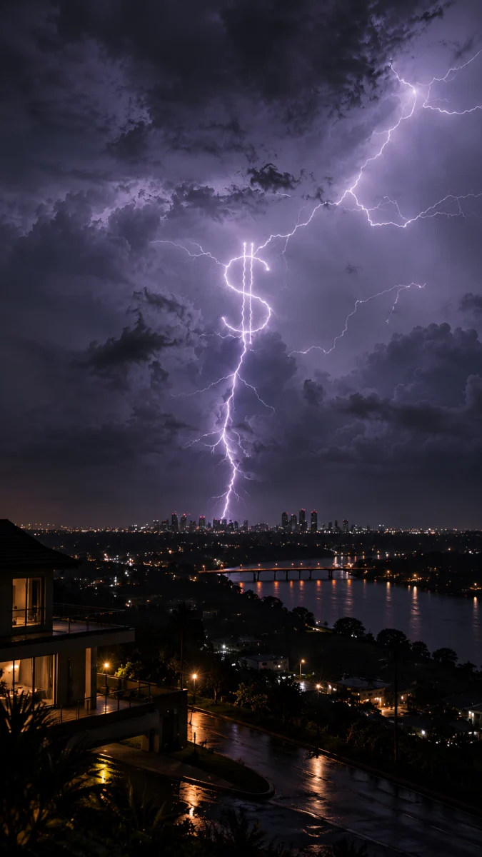 Hd image of a dramatic lightning bolt shaped like a dollar sign striking over a city skyline at night, perfect for money wallpaper hd, money motivation wallpaper, and rich mindset wallpaper.