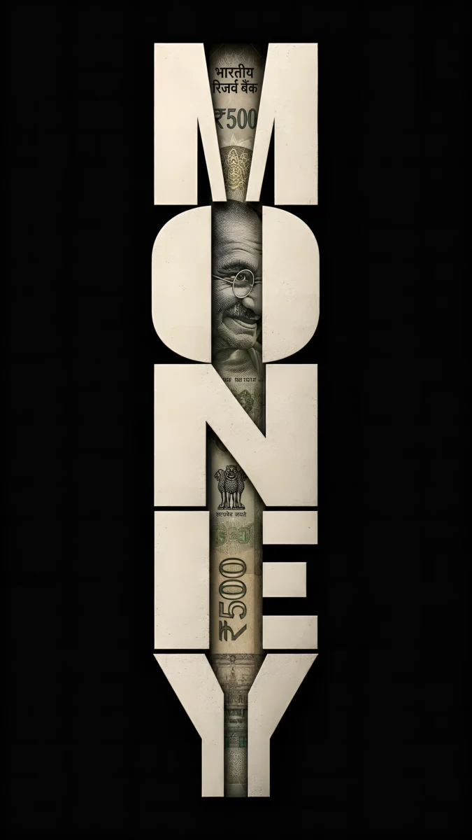 Hd image of bold white vertical MONEY text overlaid on an Indian 500 rupee note featuring Mahatma Gandhi, perfect for money wallpaper, money wallpaper hd, and rich mindset wallpaper.