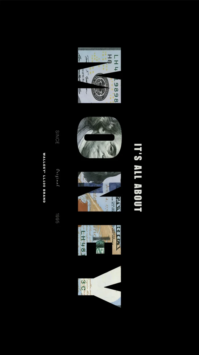 Hd image of modern branded typography featuring US dollar bills reading "IT'S ALL ABOUT MONEY", perfect for money wallpaper, rich mindset wallpaper, and money wallpaper hd.