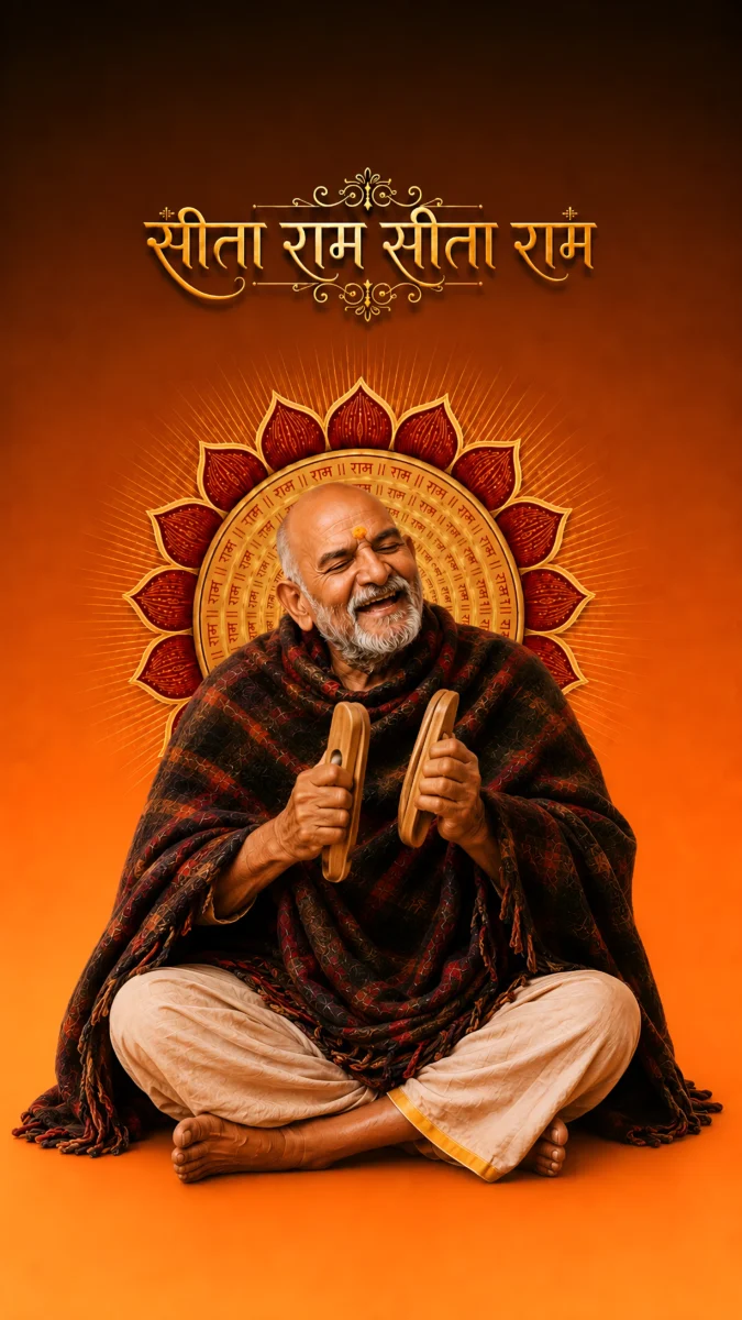 Hd image of Neem Karoli Baba smiling joyfully while playing wooden khartal, perfect for neem karoli baba images, neem karoli baba photo, and neem karoli baba hd wallpaper.