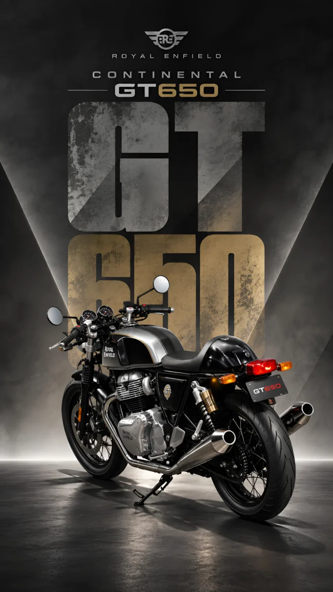 Hd image of black and silver Royal Enfield Continental GT 650 motorcycle set against a dark smoky background with spotlight effect, perfect for royal enfield pics, gt 650 wallpaper, and bike photos hd.