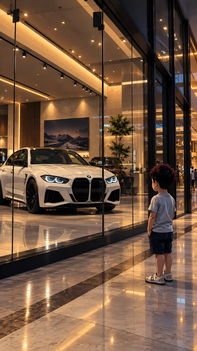 Hd image of a young boy looking through glass at a luxury white BMW sedan inside a showroom, perfect for rich mindset wallpaper, billionaire mindset wallpaper, and money motivation wallpaper.