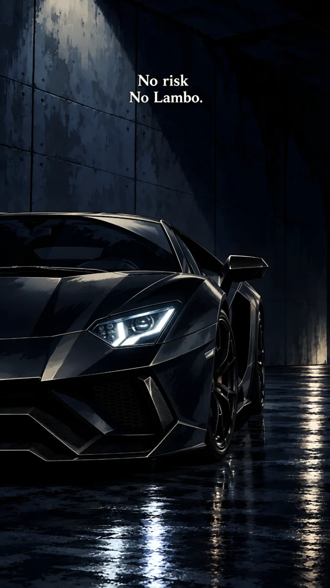 Hd image of a sleek black Lamborghini in a dark garage with text "No risk No Lambo.", perfect for rich mindset wallpaper, millionaire wallpaper, and money motivation wallpaper.
