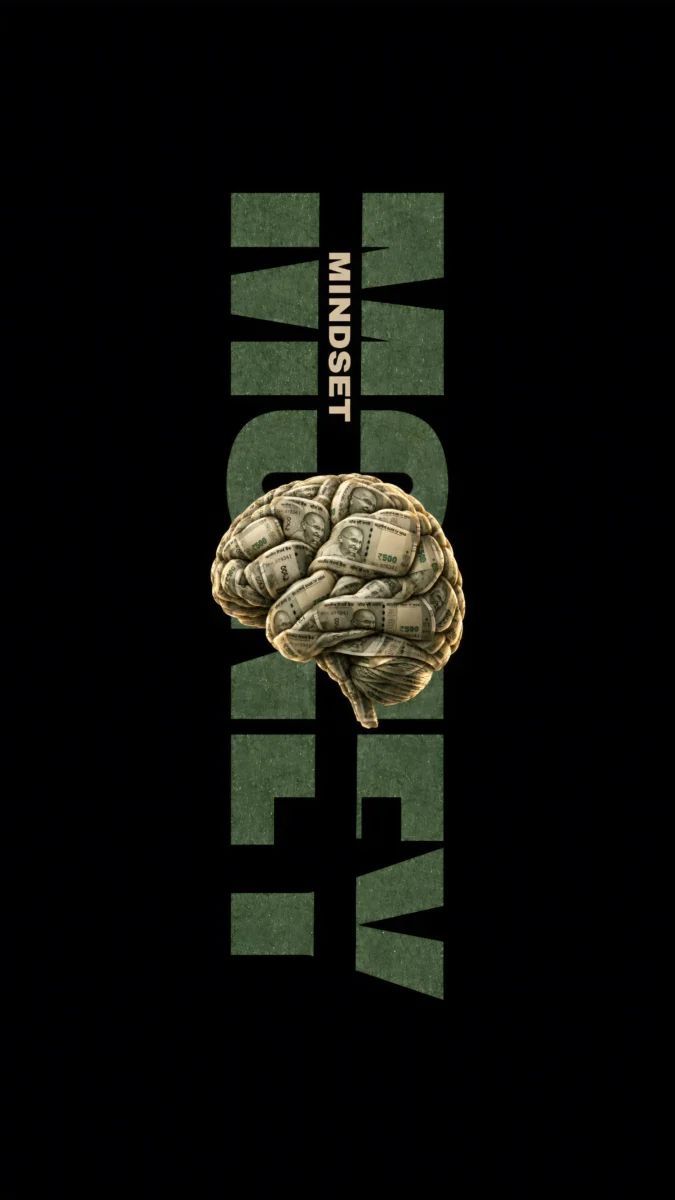 Hd image of a human brain wrapped in Indian 500 rupee bills centered over large vertical MONEY text with MINDSET written vertically, perfect for rich mindset wallpaper, billionaire mindset wallpaper, and money motivation wallpaper.
