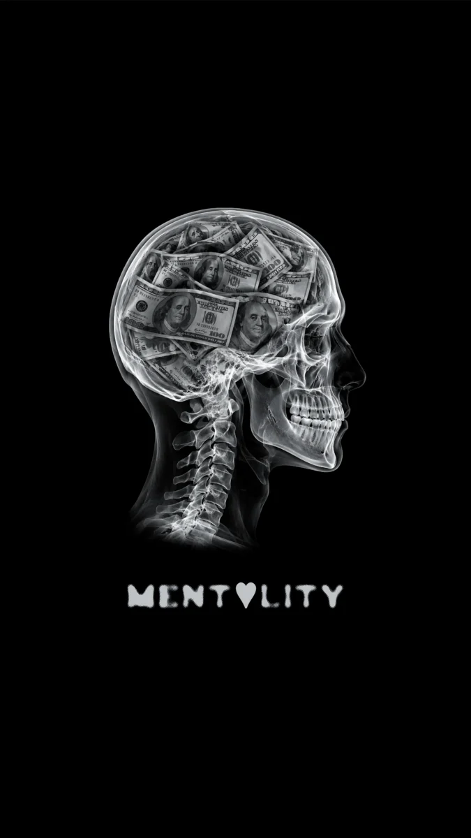 Hd image of transparent X-ray skull filled with US dollar bills and text "MENTALITY", perfect for rich mindset wallpaper, money motivation wallpaper, and billionaire mindset wallpaper.