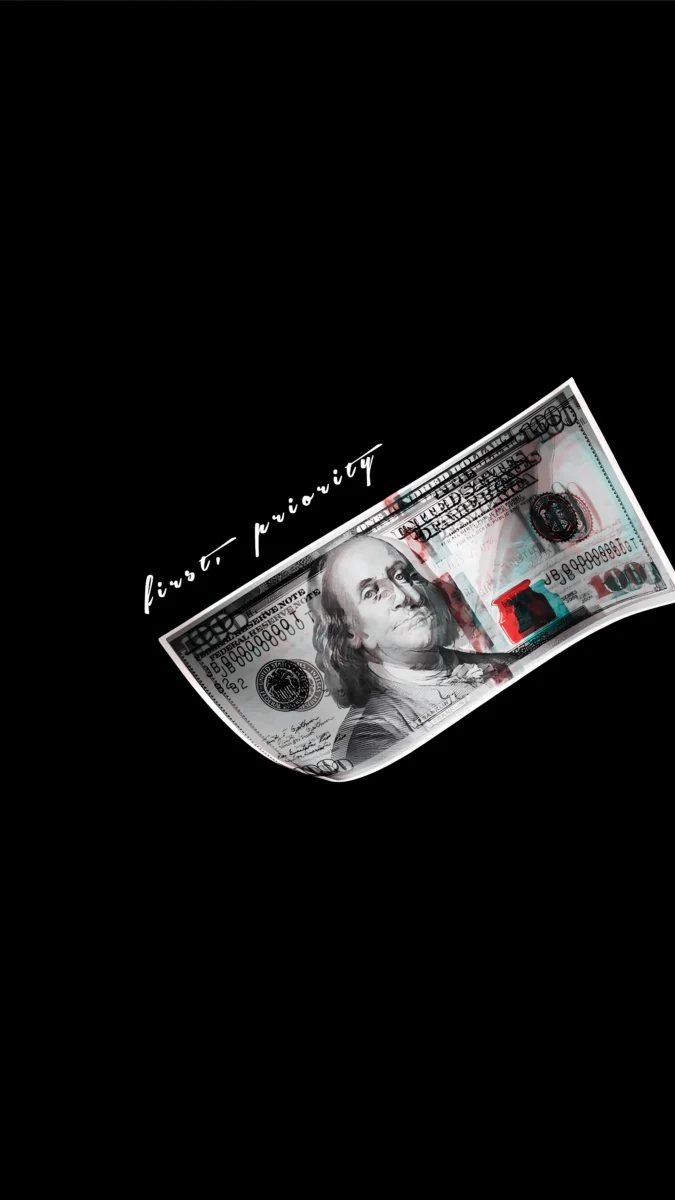 Hd image of 100 dollar bill with cursive text "first priority" on dark background, perfect for rich wallpaper, money wallpaper, and rich mindset wallpaper.